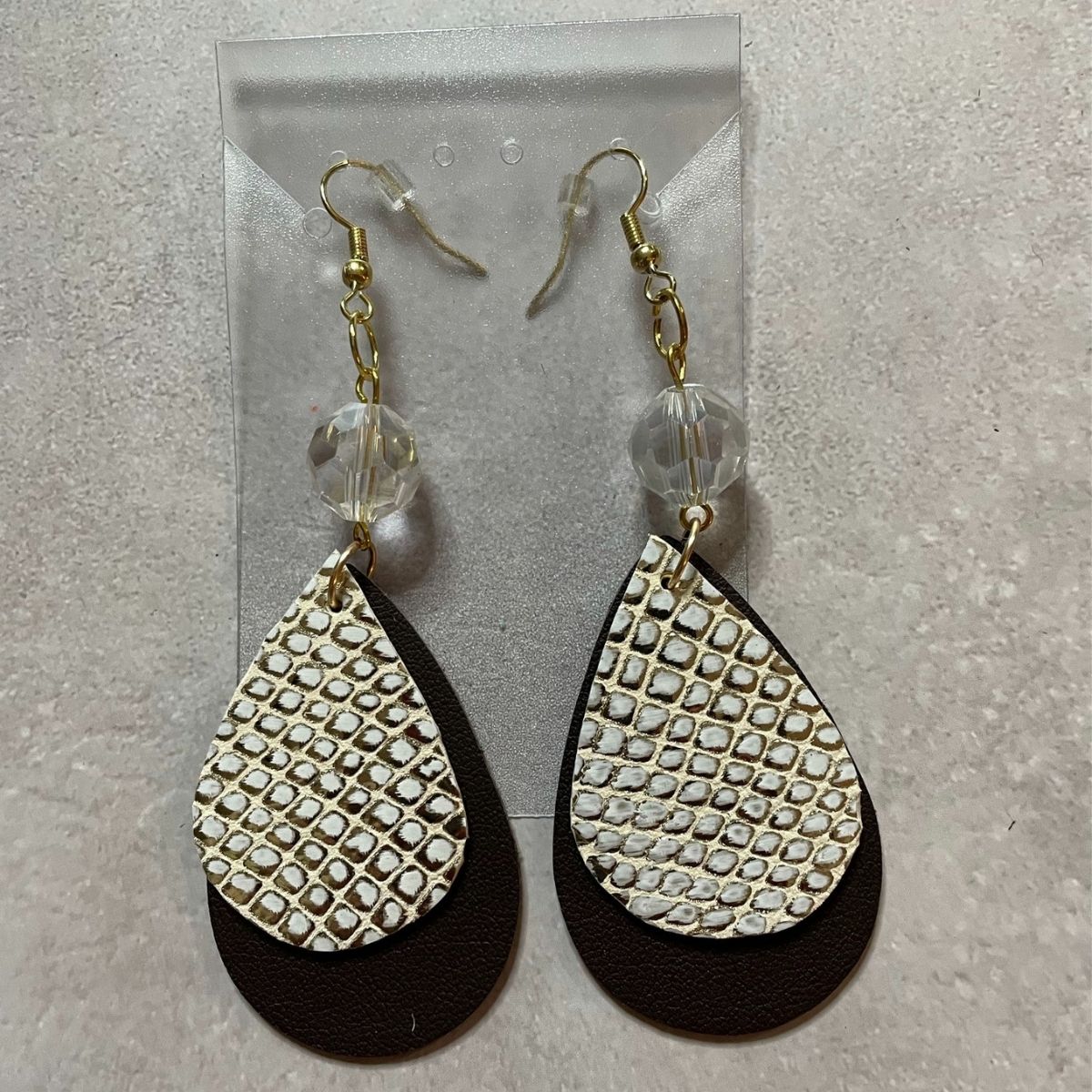 CLEAR BEAD CHARM 2 LAYER LEATHER EARRINGS