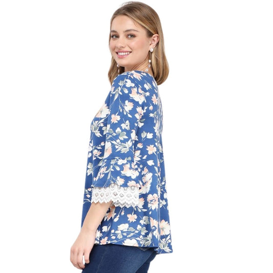 V-NECK 3/4 SLEEVE LAYER RUFFLE TOP WITH LACE