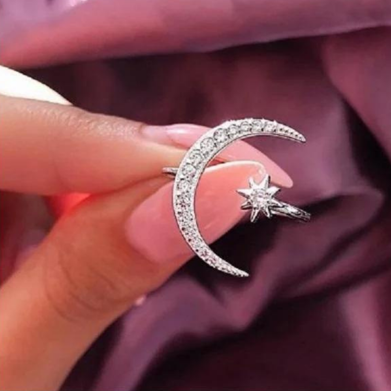 CRESCENT MOON AND STAR OPEN RING