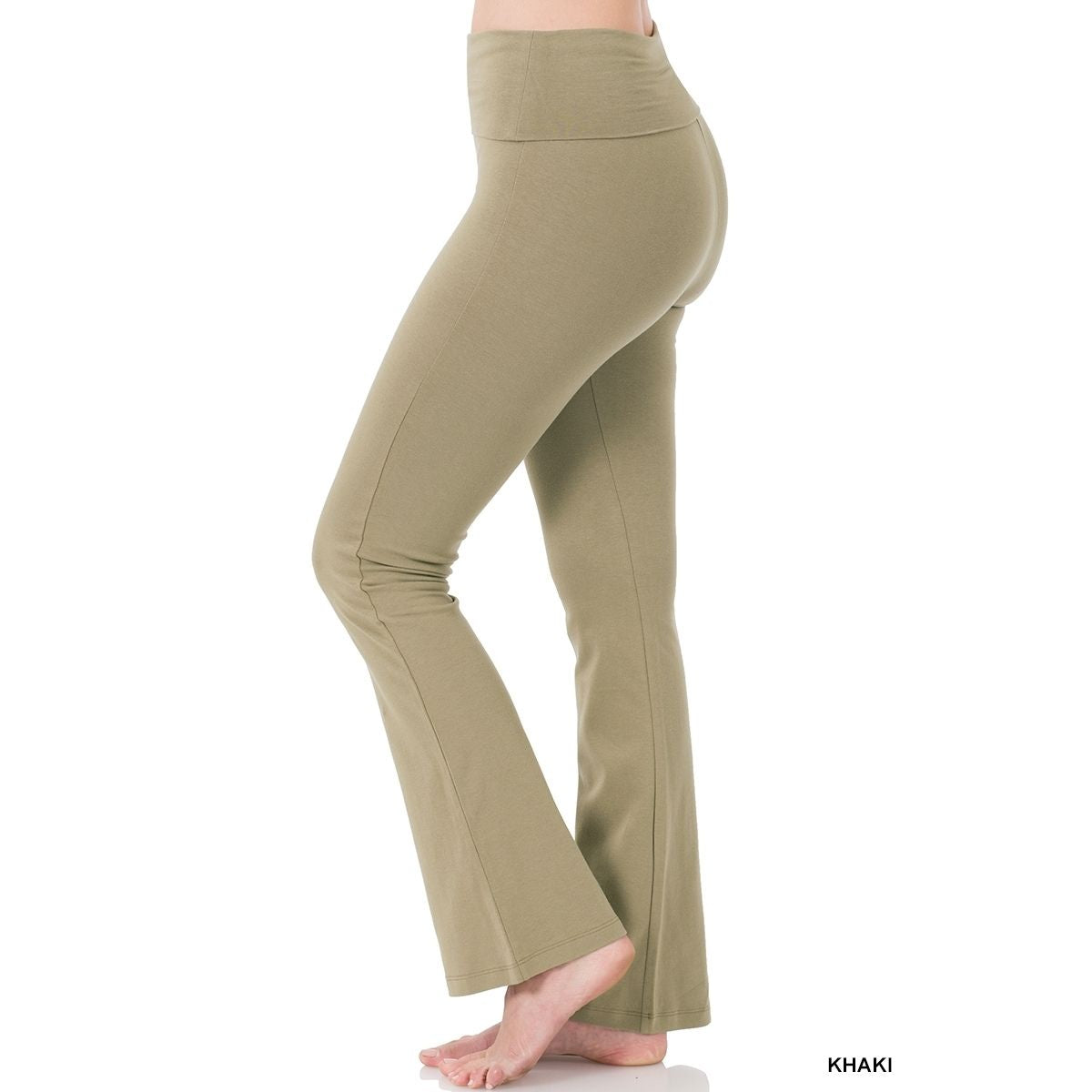 KHAKI PREMIUM COTTON FOLD OVER YOGA FLARE PANTS