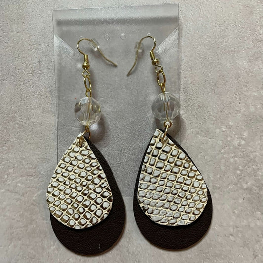 CLEAR BEAD CHARM 2 LAYER LEATHER EARRINGS