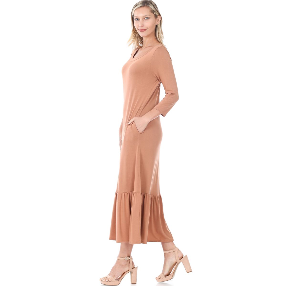 VISCOSE RUFFLE HEM LONG DRESS WITH SIDE POCKETS