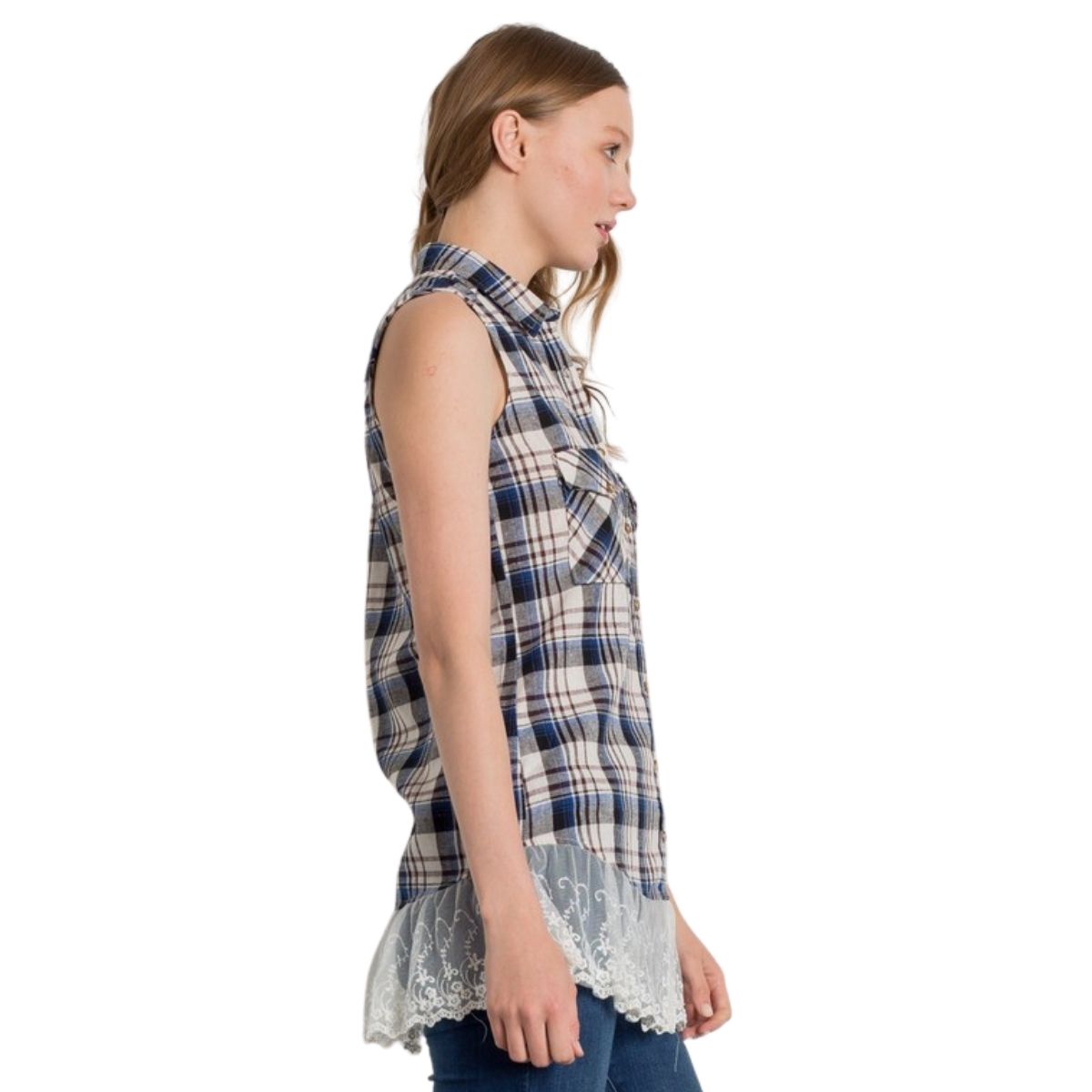 PLAID FRONT POCKET LACED HEM TOP