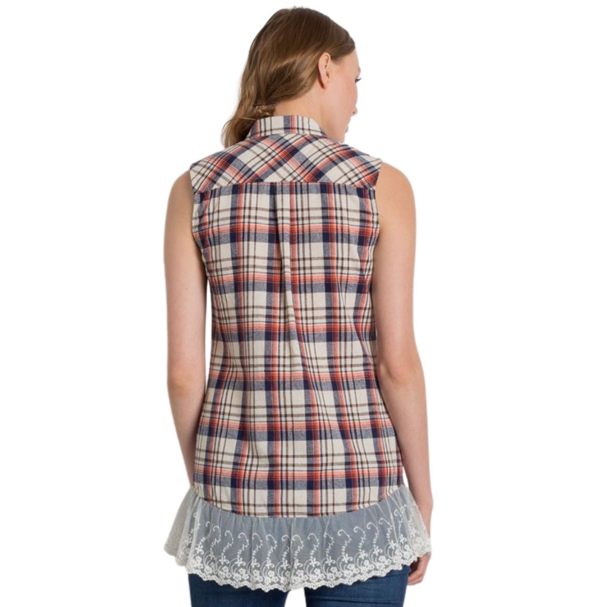 PLAID FRONT POCKET LACED HEM TOP