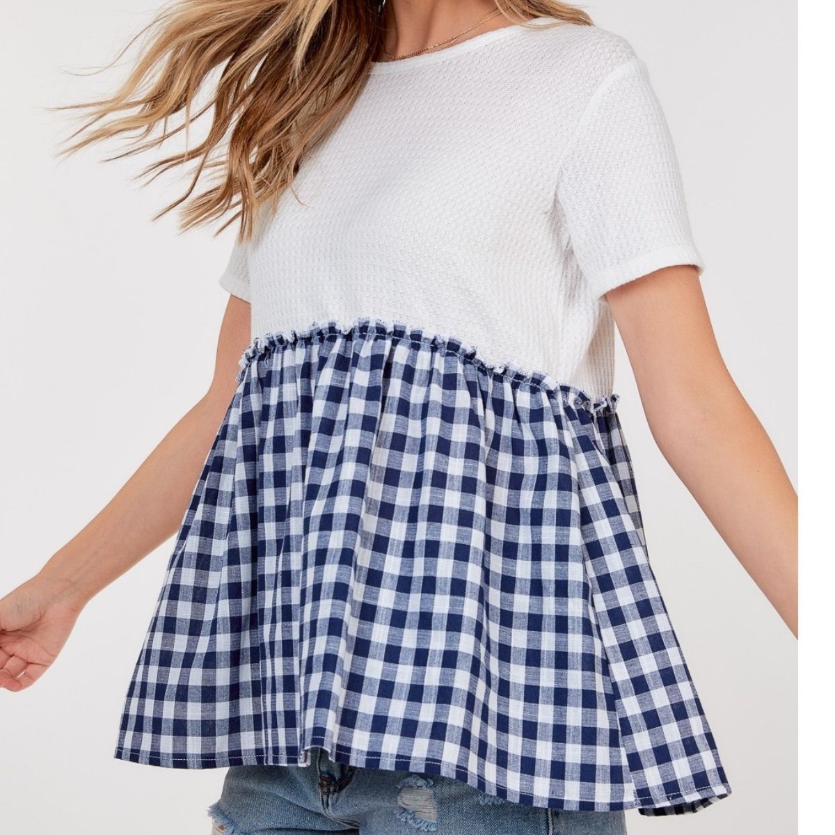 WAFFLE WEAVE BABY DOLL CONTRAST TOP